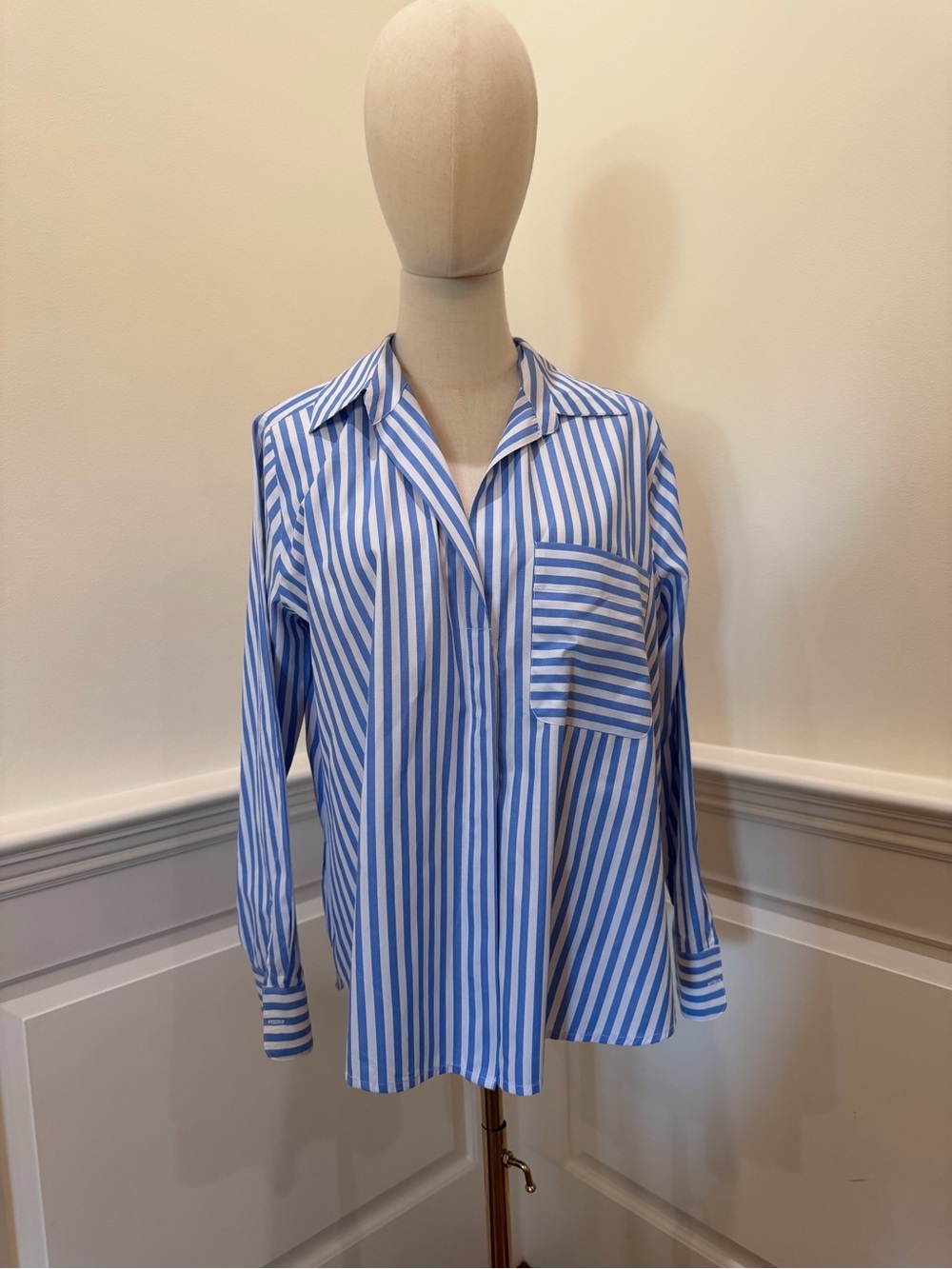 French Connection Light Blue and White Striped Button-Up